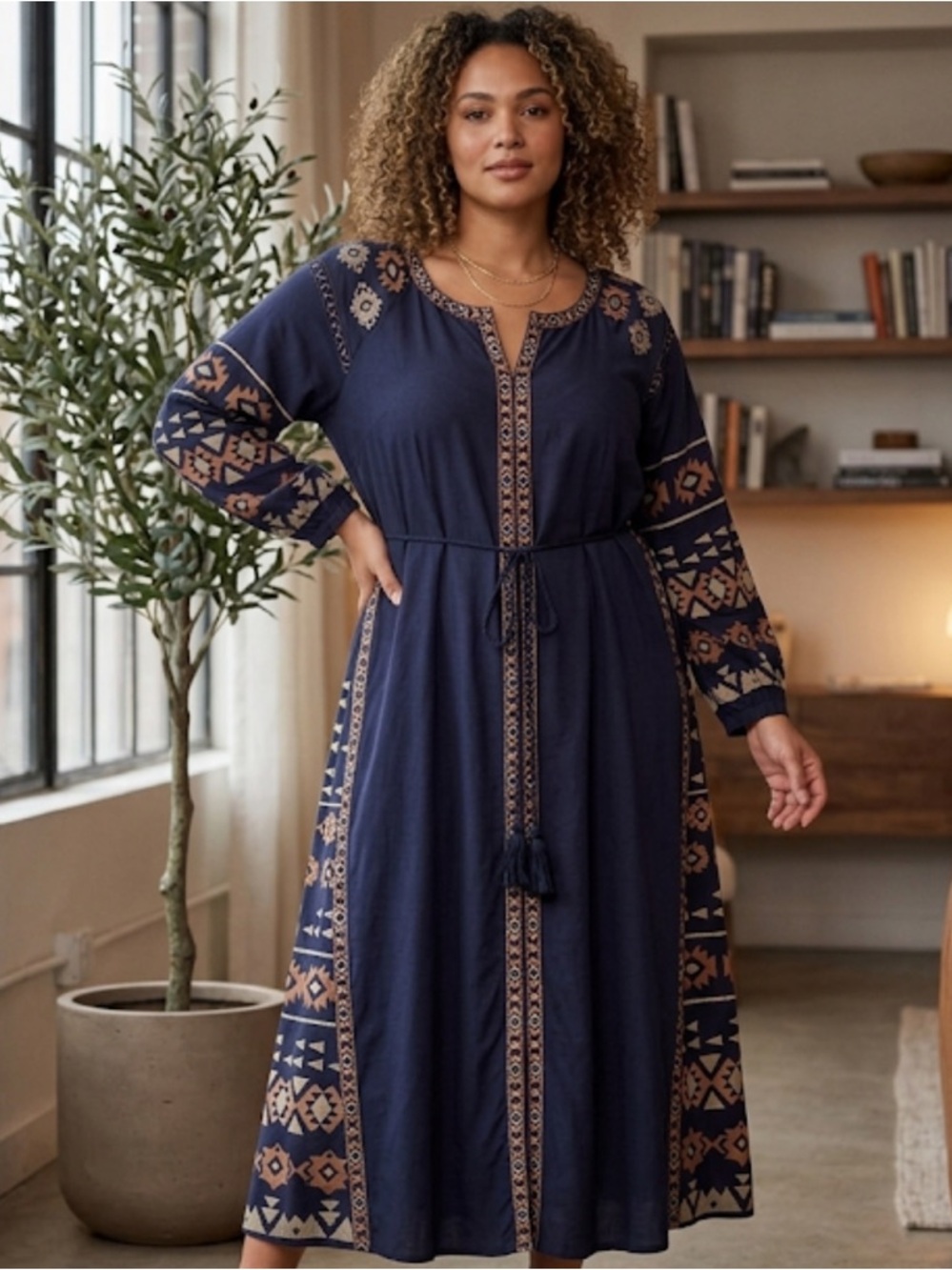 NWOT Velzera Blue Tan 3/4 Bishop Sleeve Sundress